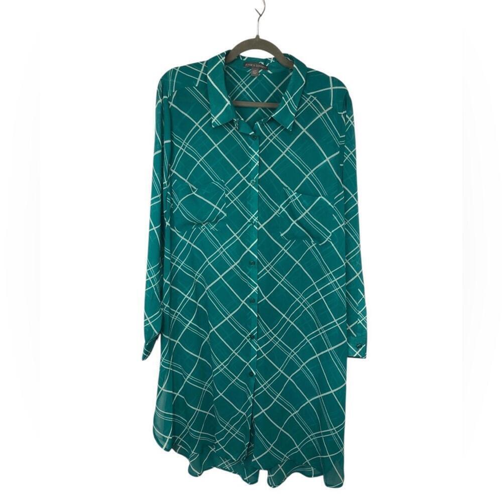 Jessica London Teal Checkered Long Sleeve Dress